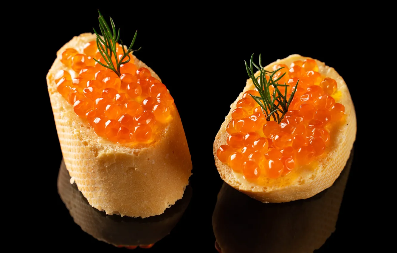 Photo wallpaper reflection, table, dill, bread, black background, caviar, red caviar, sandwiches