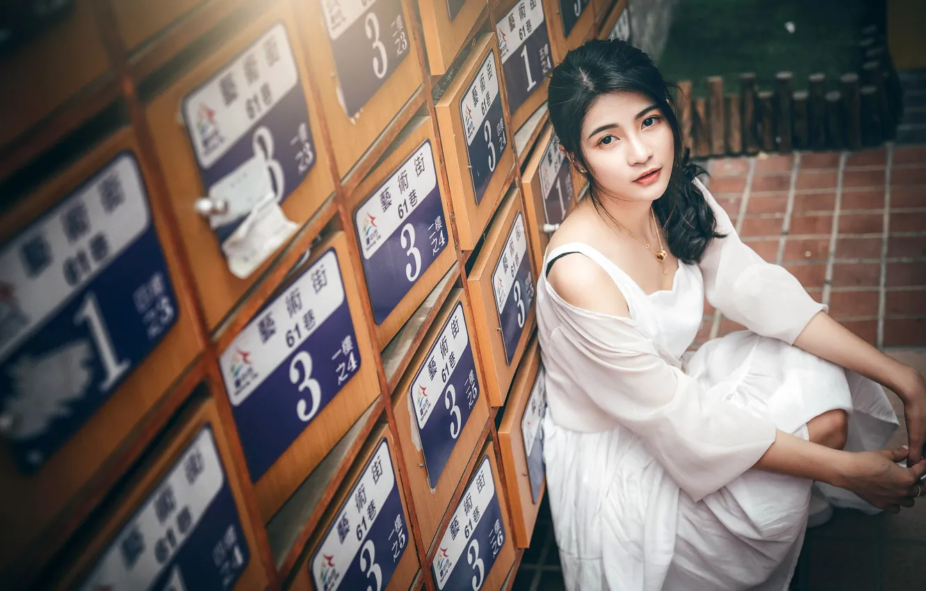 Photo wallpaper look, pose, model, portrait, makeup, dress, brunette, hairstyle