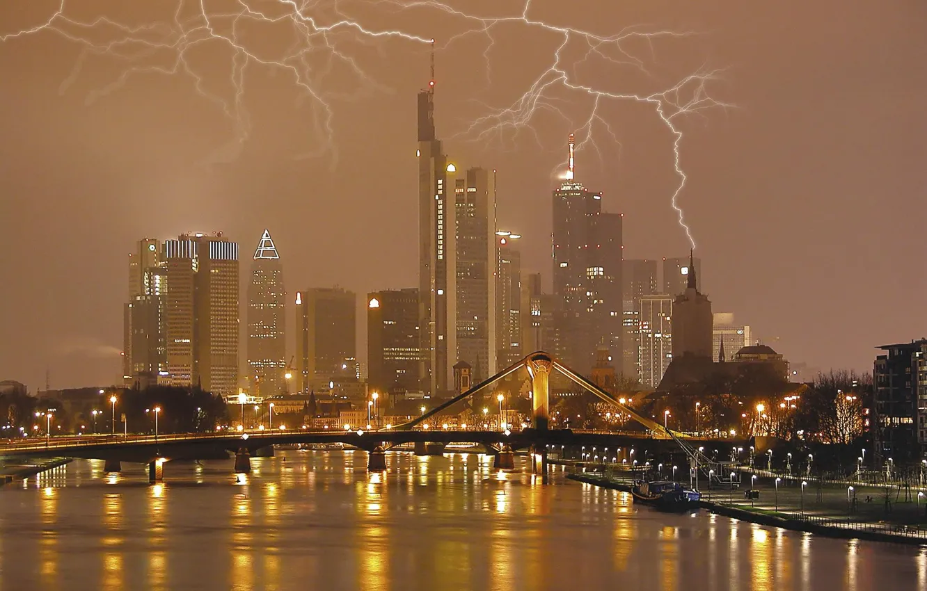 Photo wallpaper The city, Lightning, Clouds
