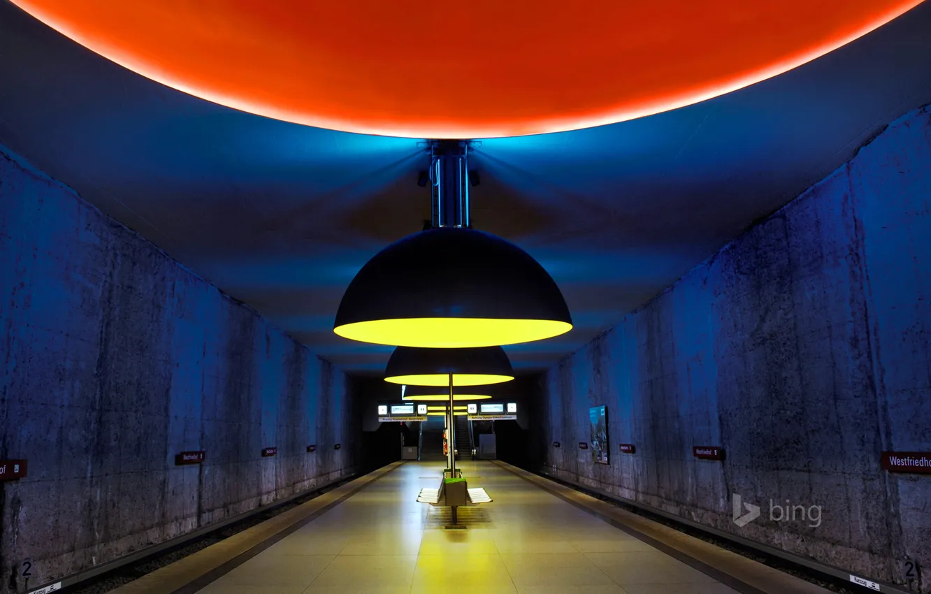 Photo wallpaper metro, station, Munich, lamp, the tunnel, bench, West cemetery