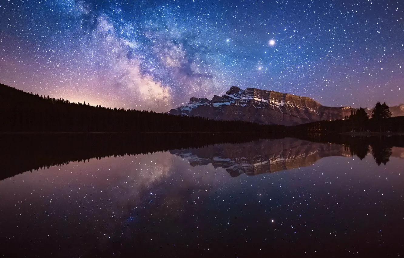 Photo wallpaper the sky, water, stars, reflection, night, mountain, the milky way