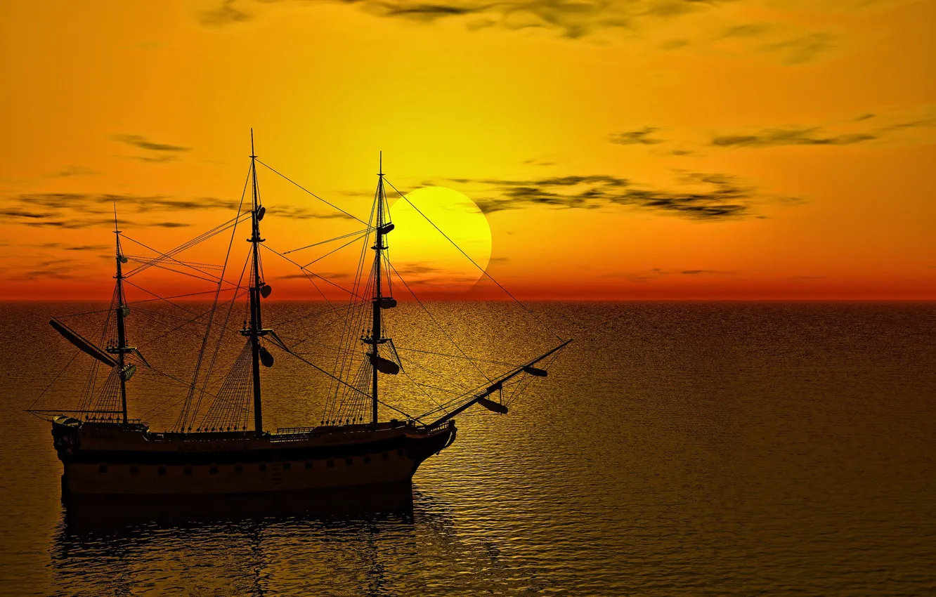 Photo wallpaper sea, the sun, dawn, ship, sailboat