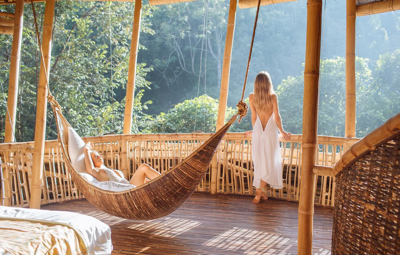 Photo wallpaper summer, stay, barefoot, jungle, two girls, in white, Nega, terrace