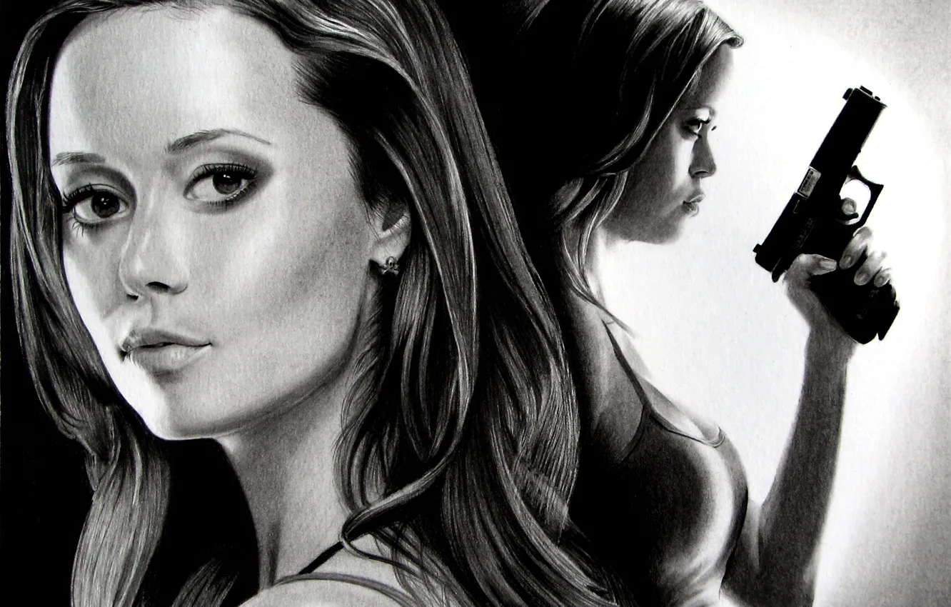 Photo wallpaper girl, gun, figure, portrait, terminator, art, black and white, Summer Glau