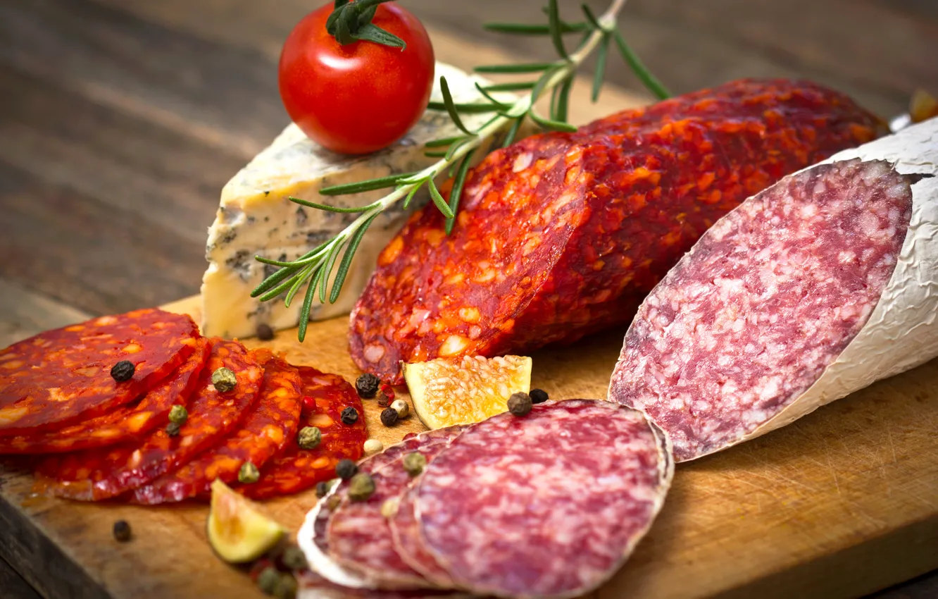 Photo wallpaper cheese, pieces, tomato, sausage, spices, cheese, rosemary, sausage