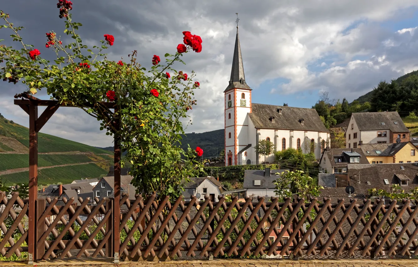 Photo wallpaper clouds, landscape, flowers, mountains, the fence, field, home, Germany