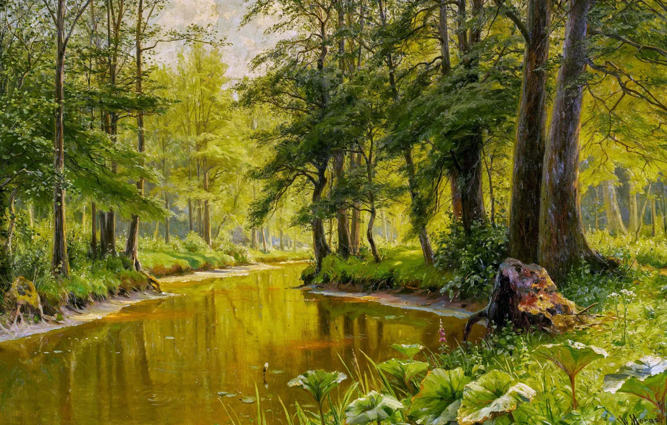 Photo wallpaper trees, picture, river, Walter Moras, German painter, Walter Moras, Spreewald landscape in summer