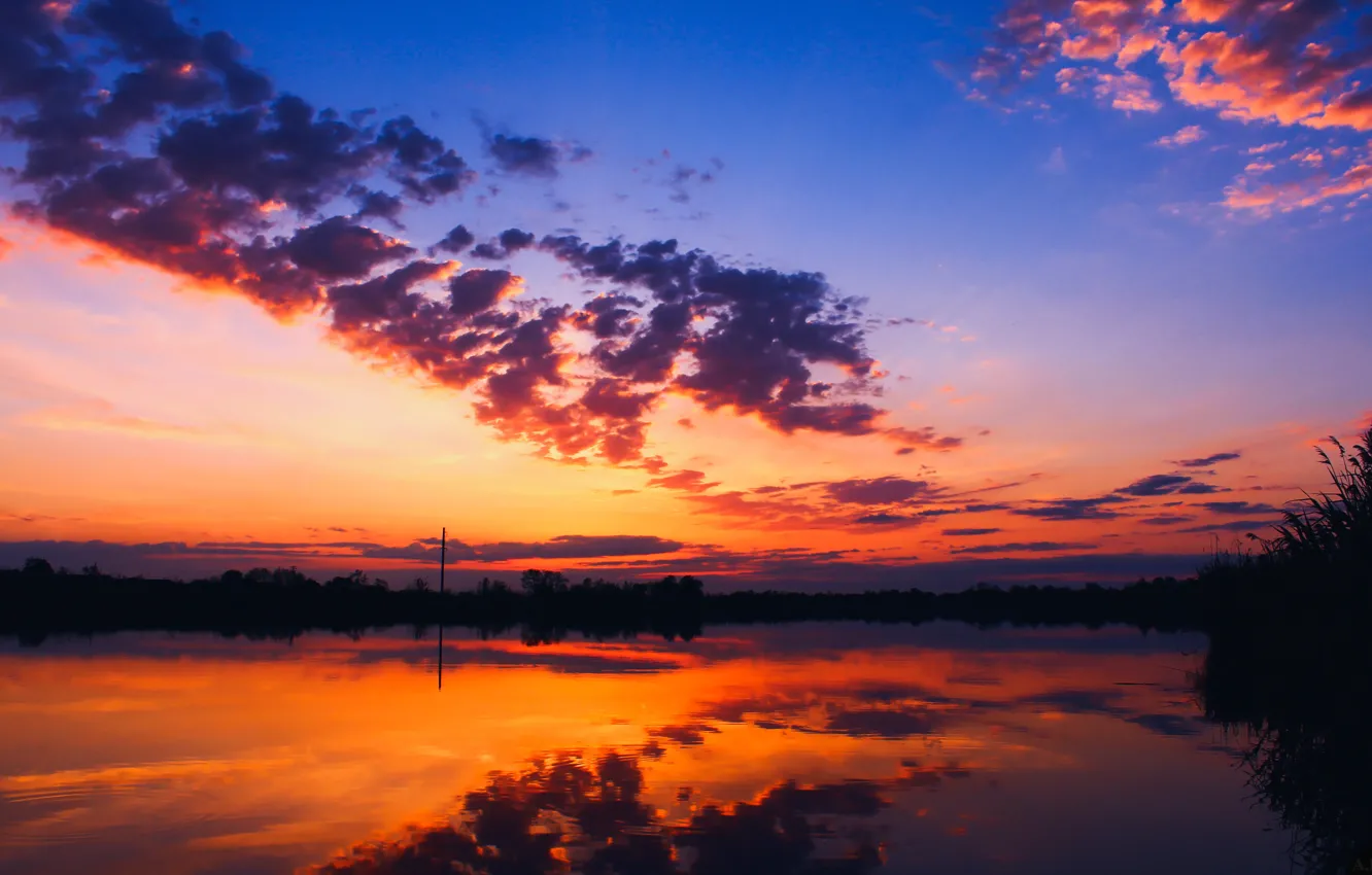 Photo wallpaper clouds, sunset, river, contrast
