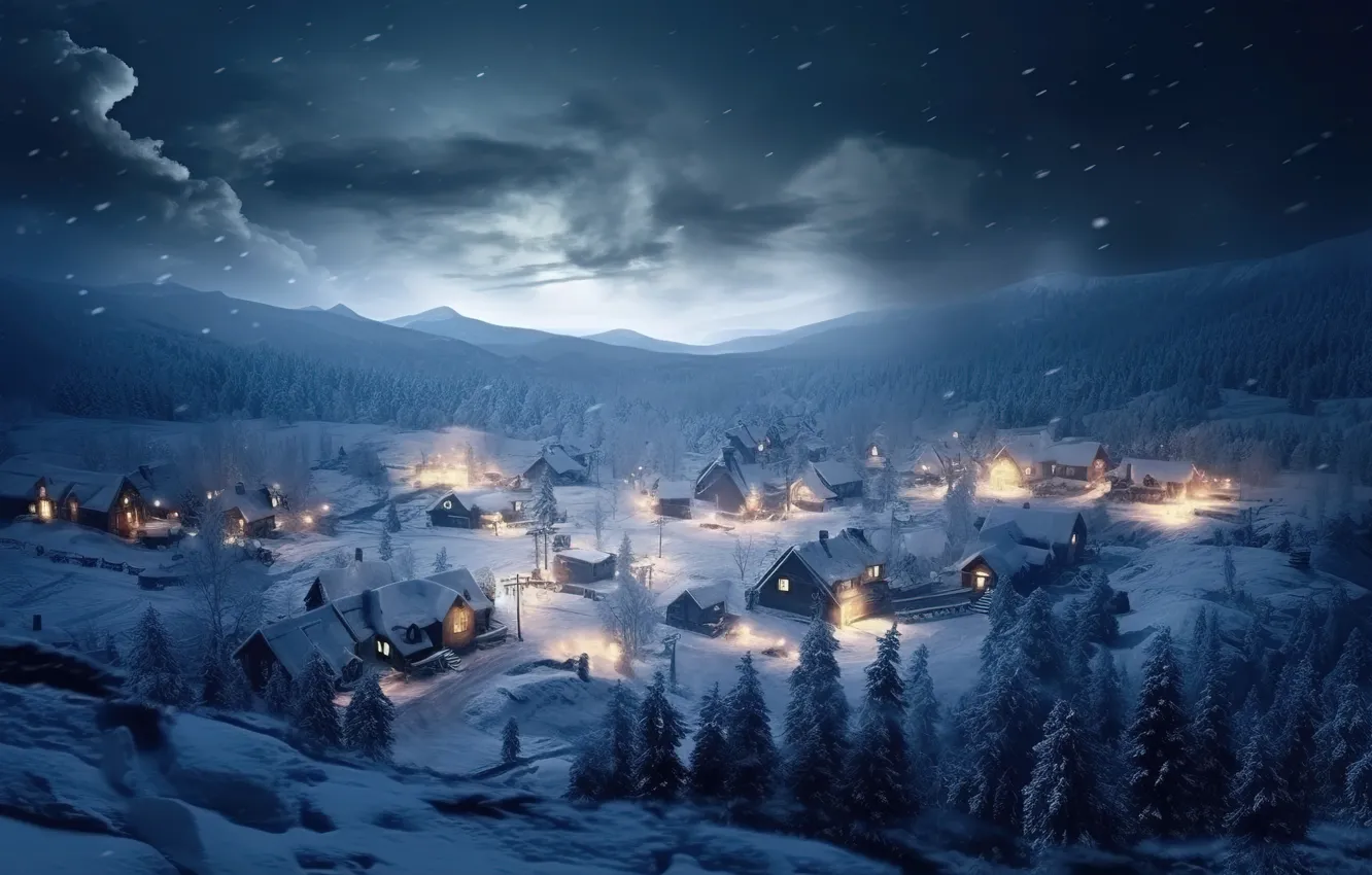 Photo wallpaper winter, snow, night, lights, tree, new year, village, Christmas
