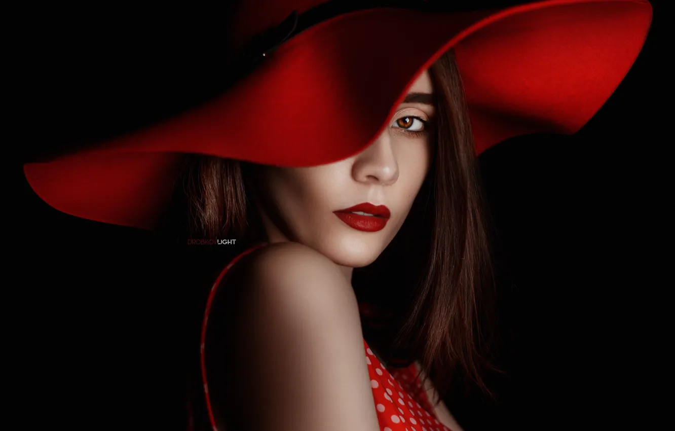 Photo wallpaper look, girl, face, style, portrait, hat, sponge, red lipstick