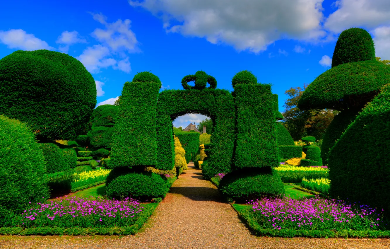 Photo wallpaper greens, the sky, the sun, clouds, trees, flowers, design, England
