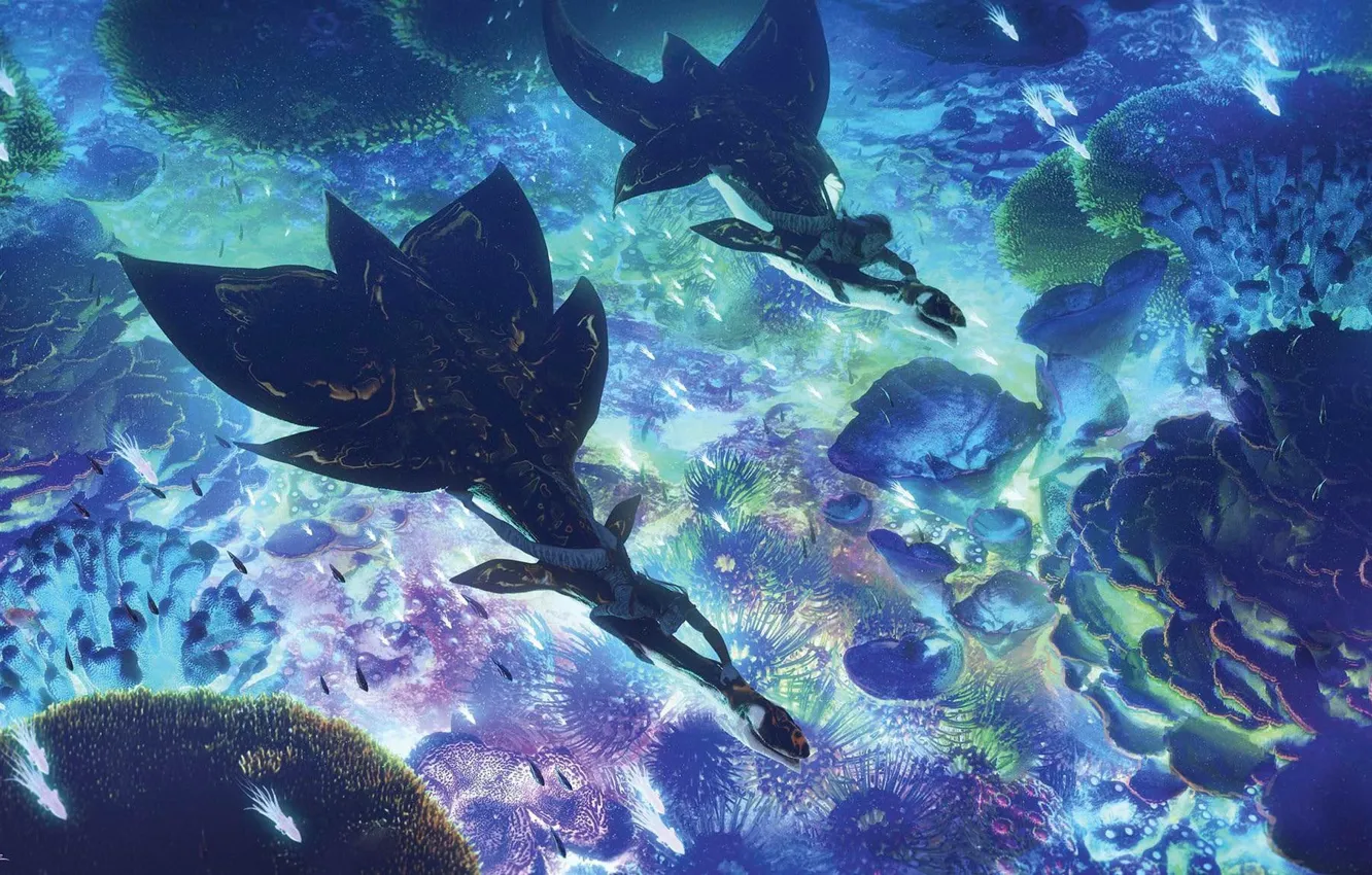 Photo wallpaper animal, fantasy, Jake Sully, underwater world, Neytiri, action, Zoe Saldana, Zoe Saldana