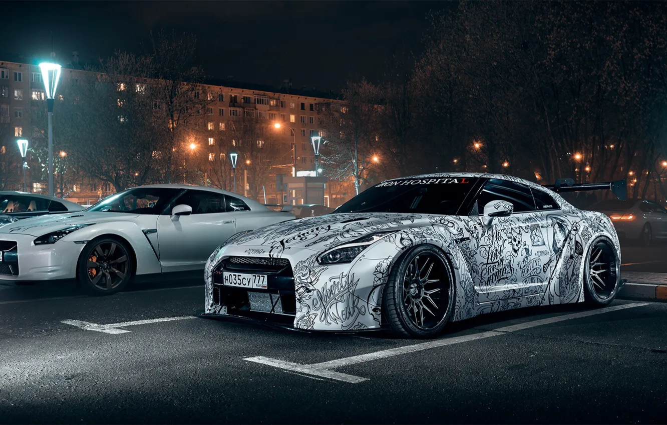 Photo wallpaper Auto, Night, Machine, Tuning, Nissan, GT-R, Parking, Moscow