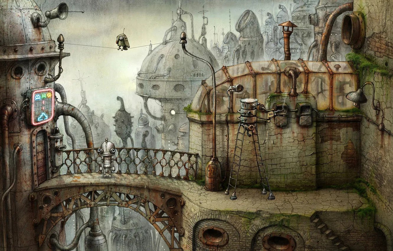 Photo wallpaper bridge, the city, bird, mechanism, robot, parrot, Machinarium