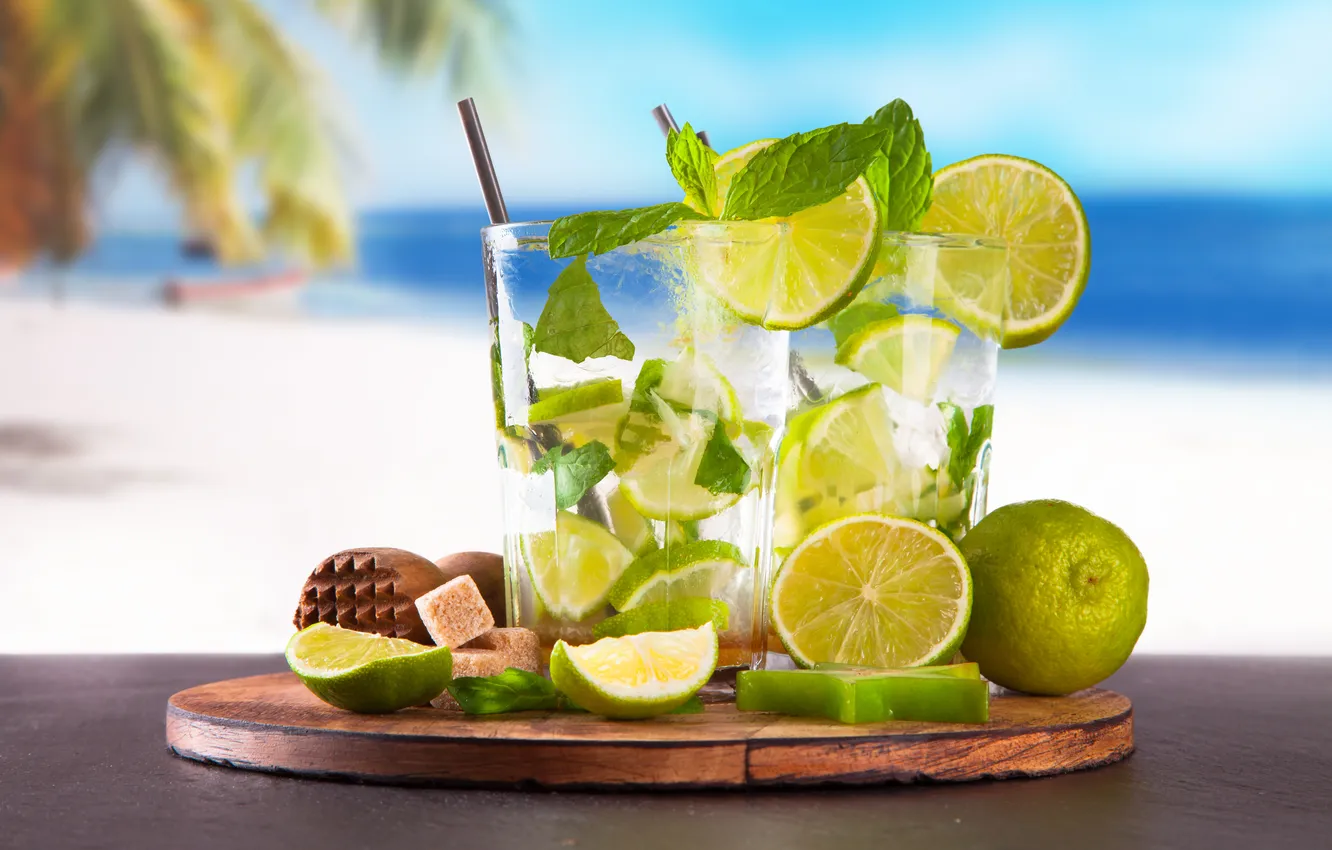 Photo wallpaper ice, beach, drink, mojito, cocktail, lime, Mojito, mint