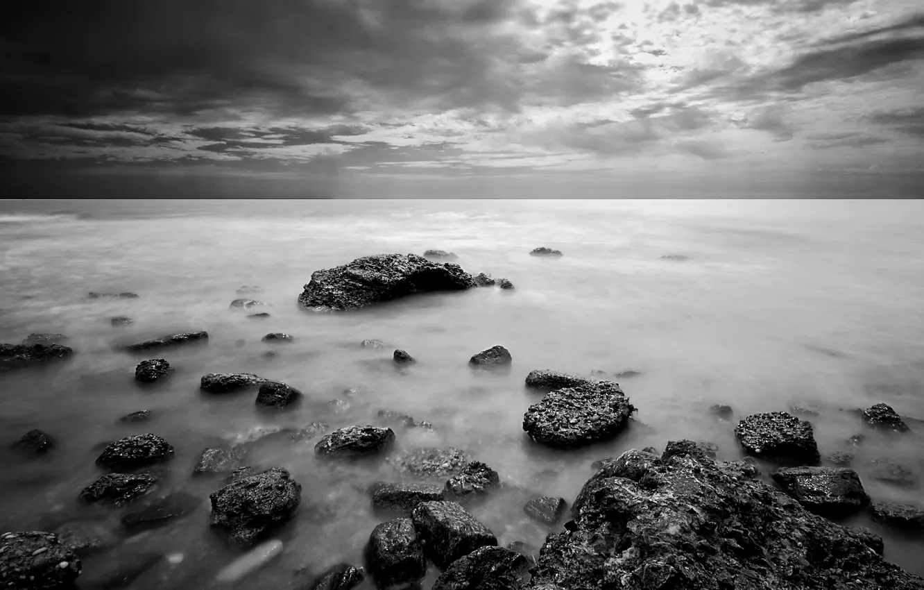 Photo wallpaper sea, the sky, landscape, nature, stones, background, Wallpaper, b/W