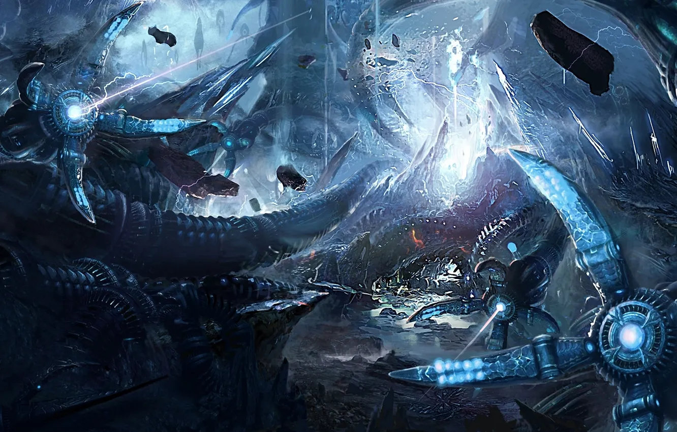 Photo wallpaper rays, stones, mechanism, robot, art, tentacles, under water, TERA online