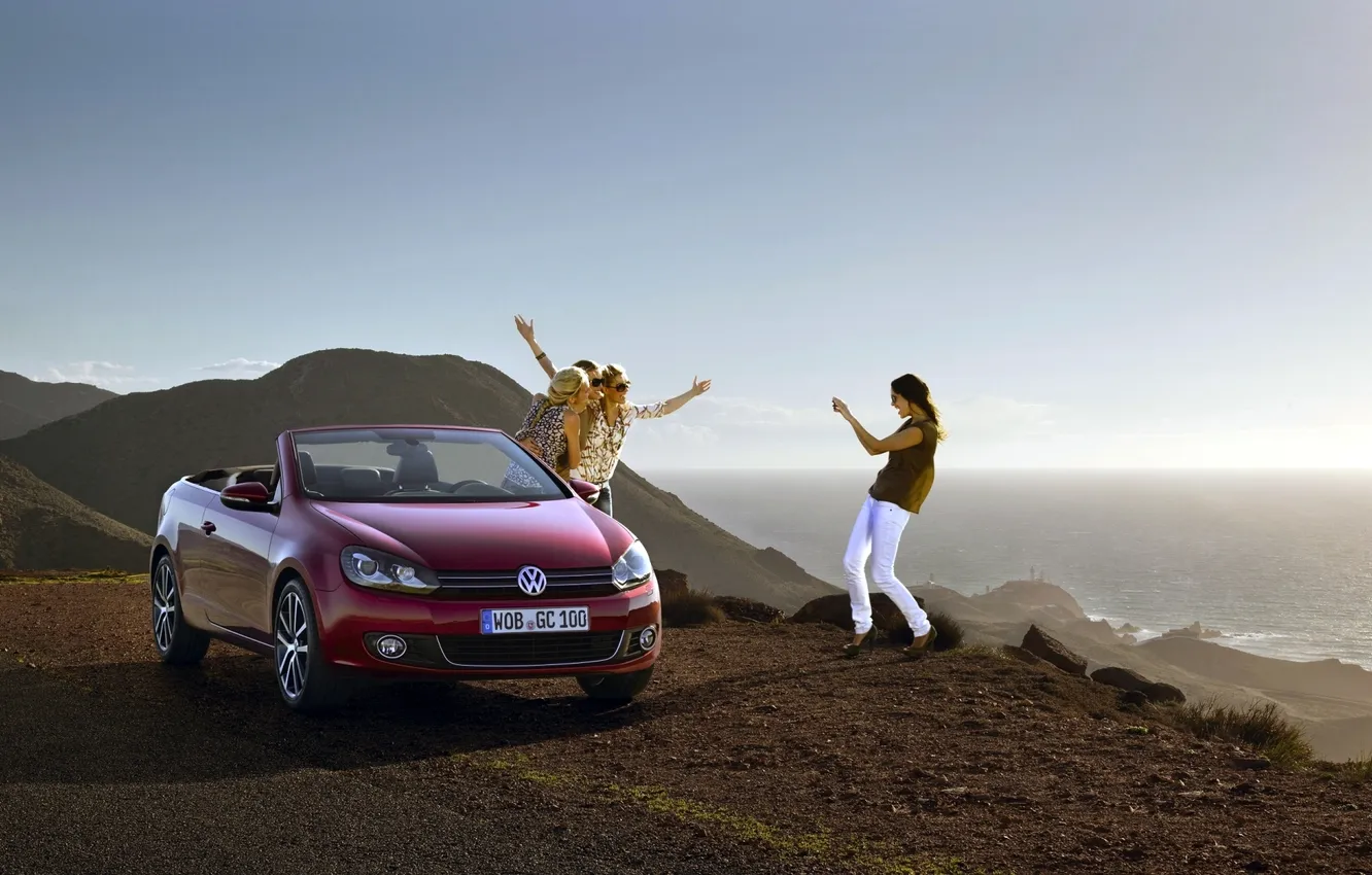 Photo wallpaper the sky, water, girl, red, shore, Volkswagen, Golf, golf