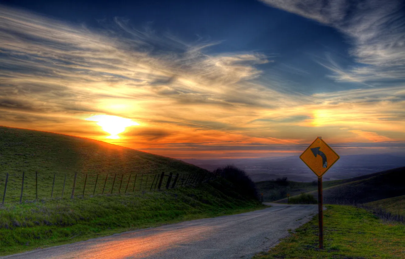 Photo wallpaper road, sunset, sign, HDR
