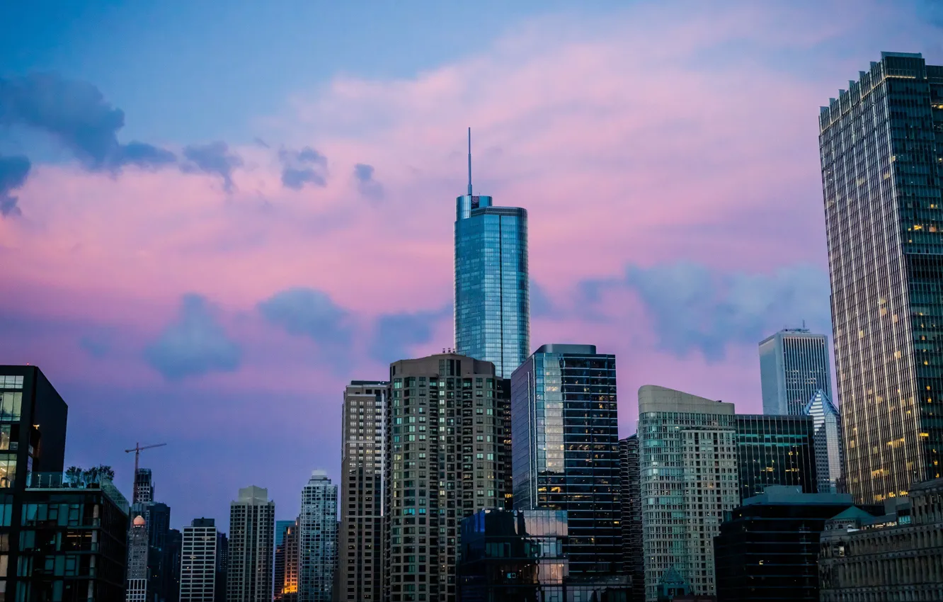 Photo wallpaper city, USA, Chicago, Illinois, twilight, sky, sunset, skyscraper