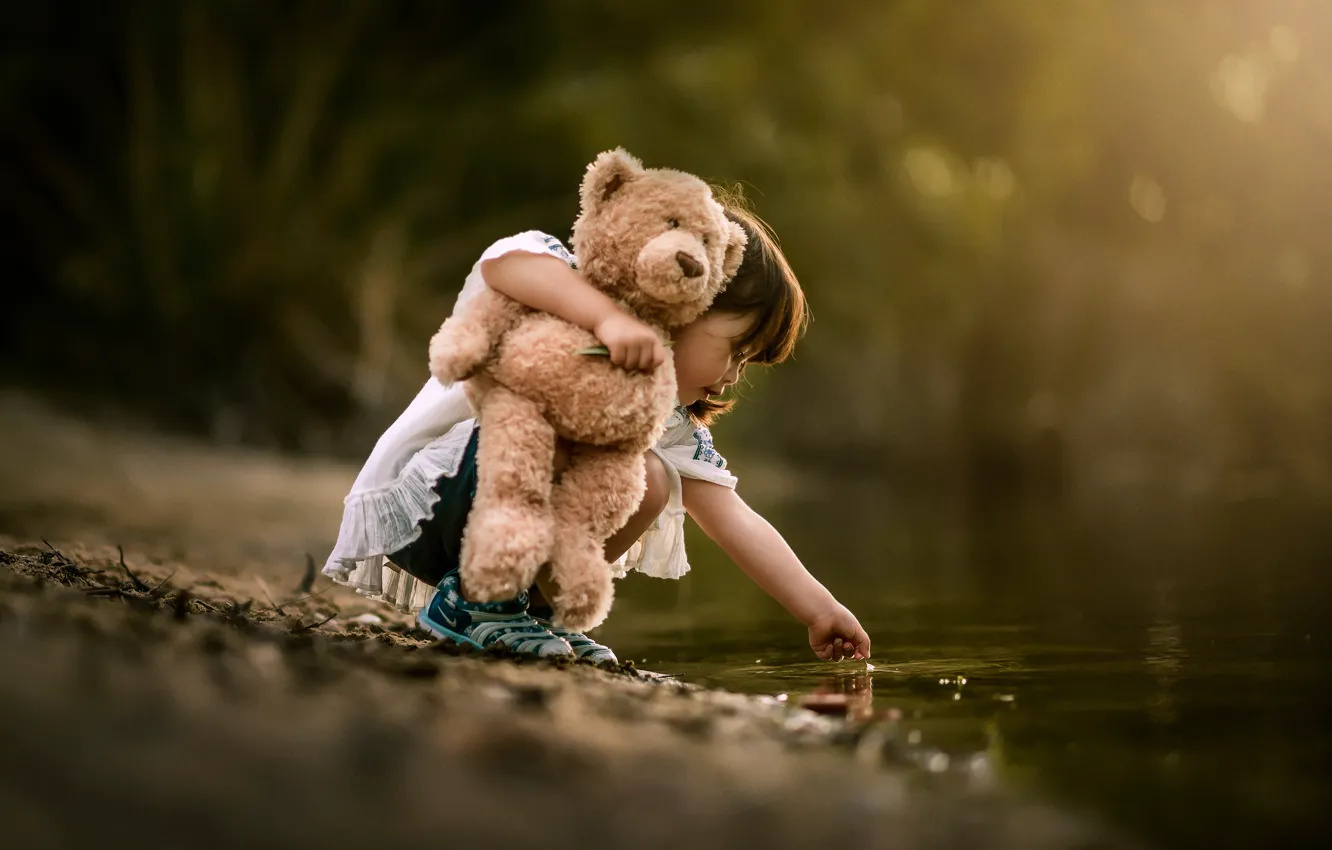Photo wallpaper water, nature, toy, bear, girl, baby, child, pond