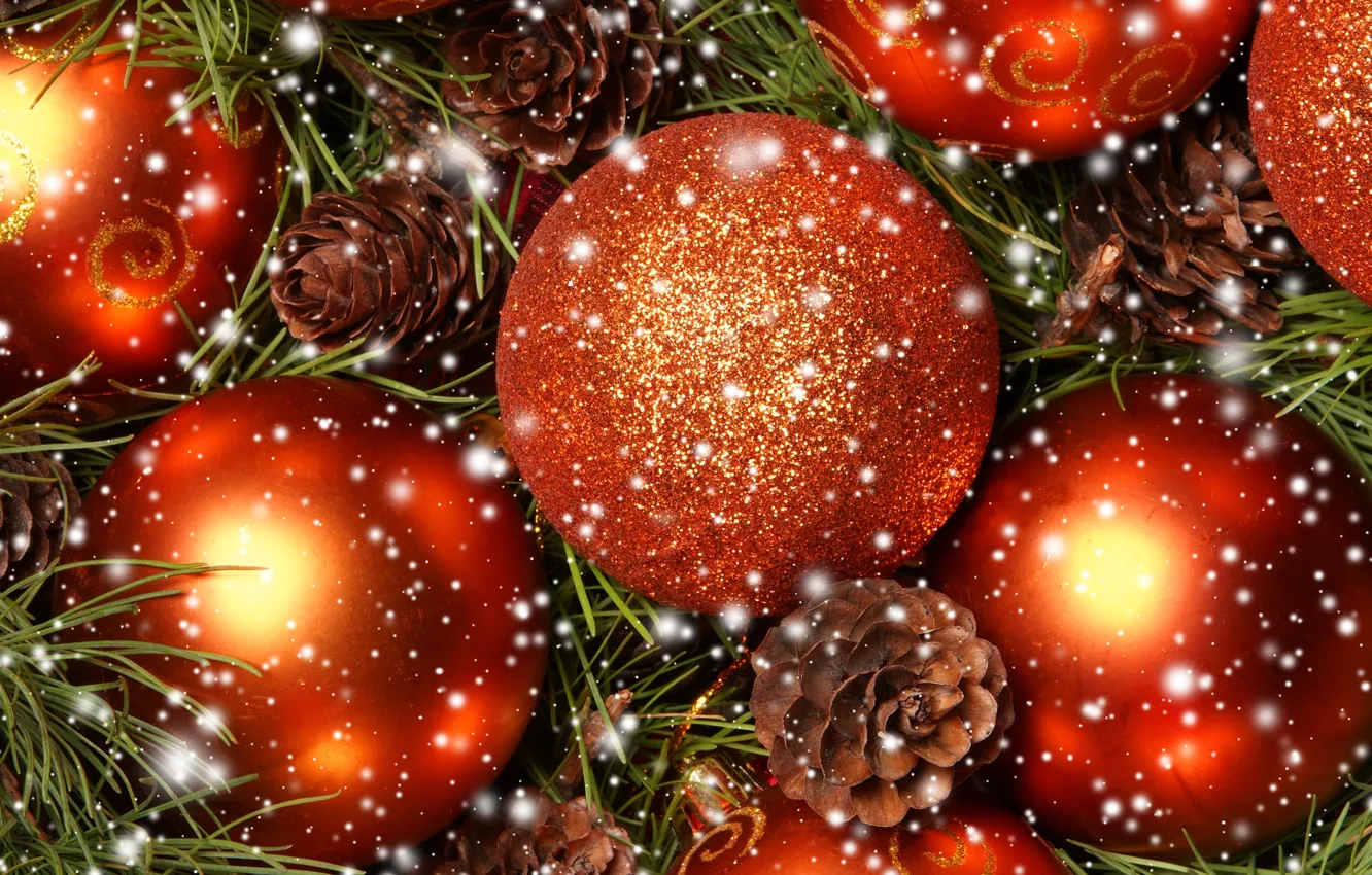 Photo wallpaper snow, needles, balls, bumps, Christmas decorations