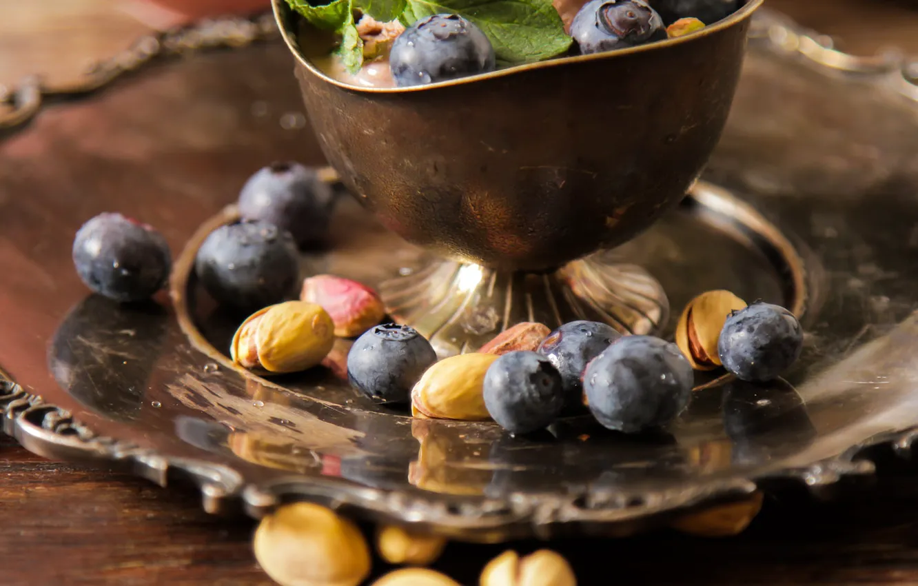 Photo wallpaper style, retro, berries, table, food, blur, blueberries, Cup