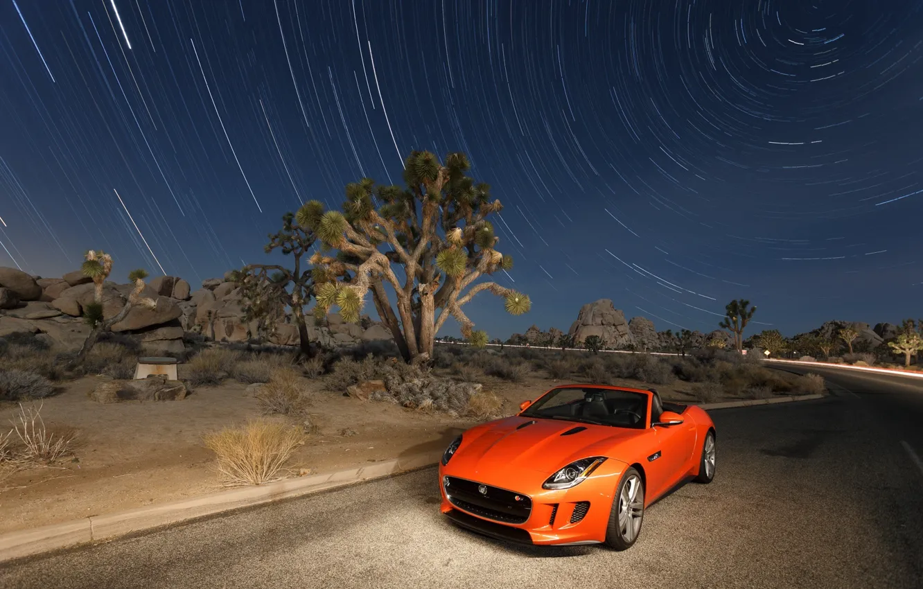Photo wallpaper Jaguar, The sky, Auto, Road, Stars, Desert, Orange, F-Type