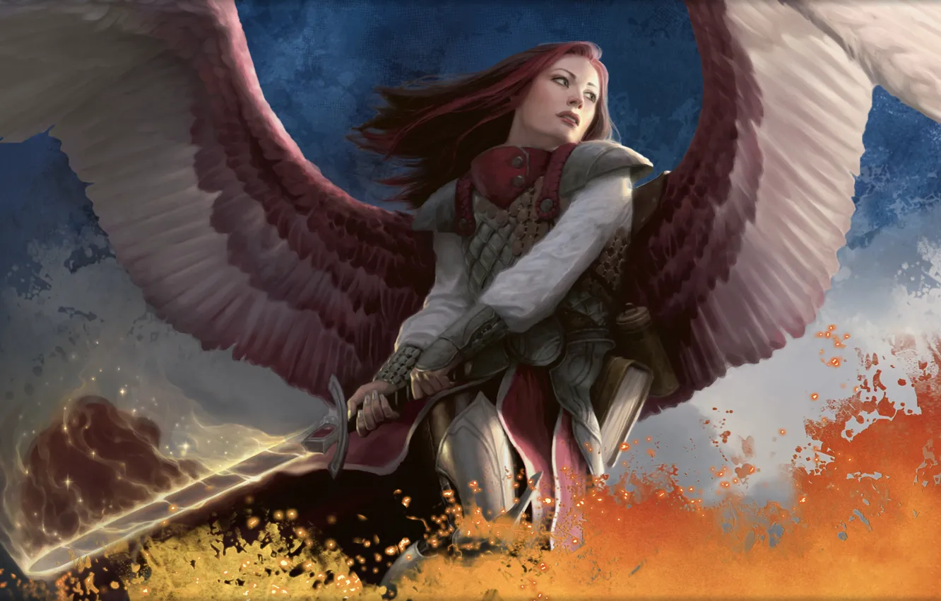 Wallpaper flame, woman, wings, sword, book, sword, the Archangel ...