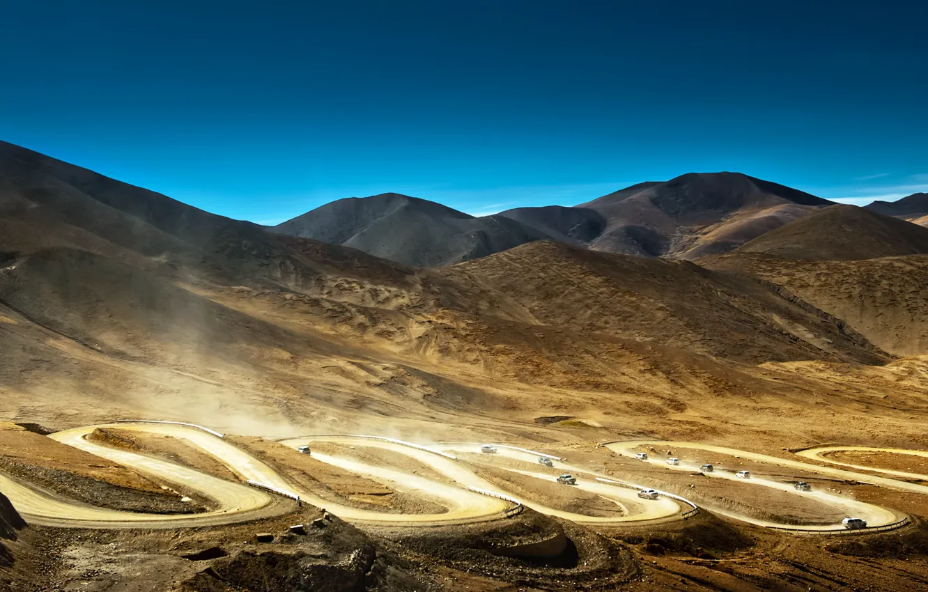 Photo wallpaper road, mountains, machine, China, dust, china, Tibet, tibet