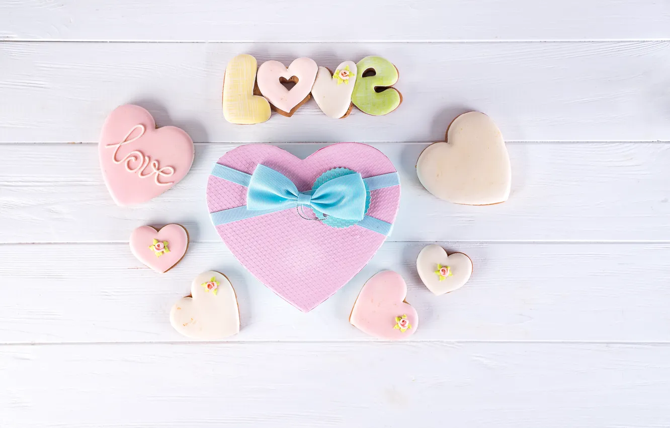 Photo wallpaper box, gift, heart, love, heart, pink, romantic, cookies