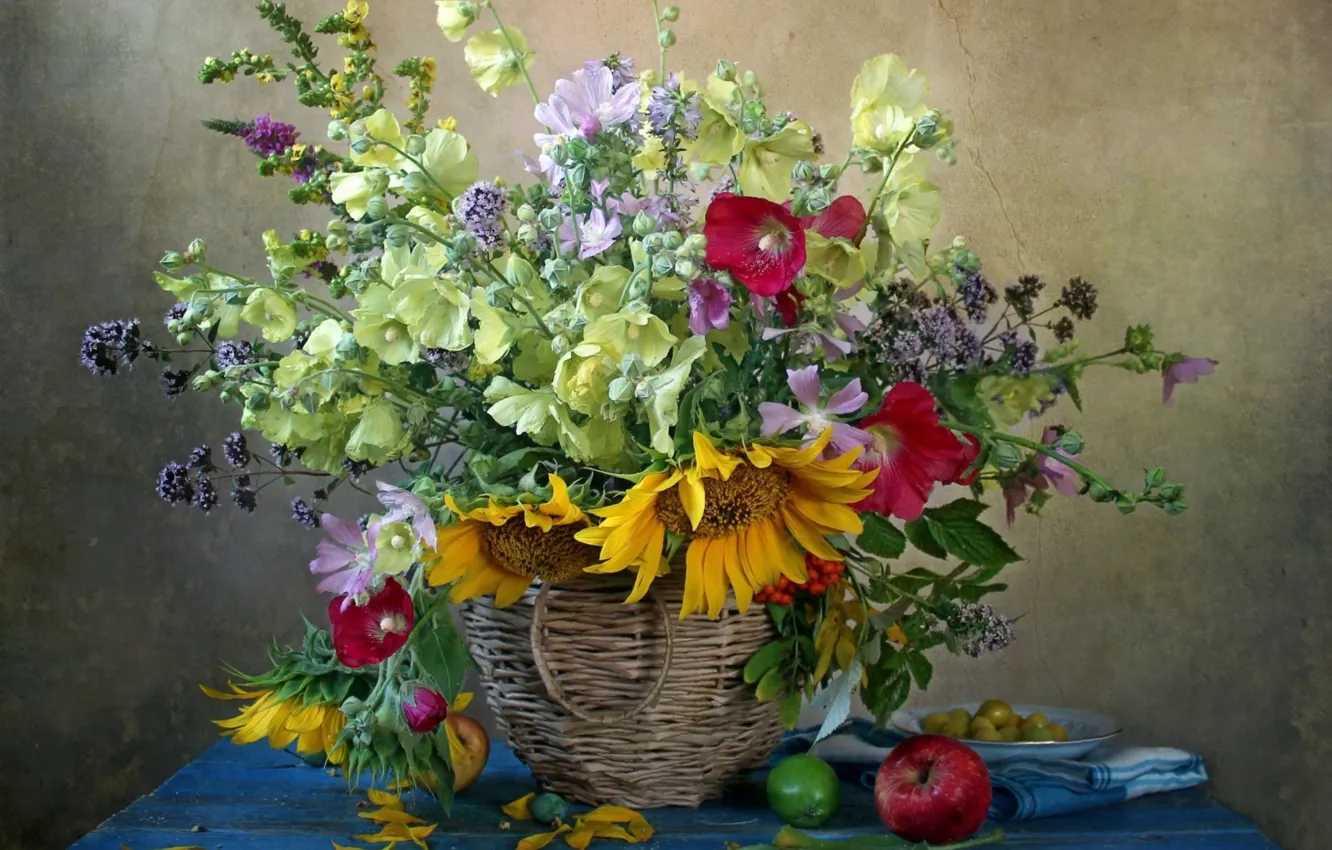 Photo wallpaper sunflowers, basket, apples, mallow