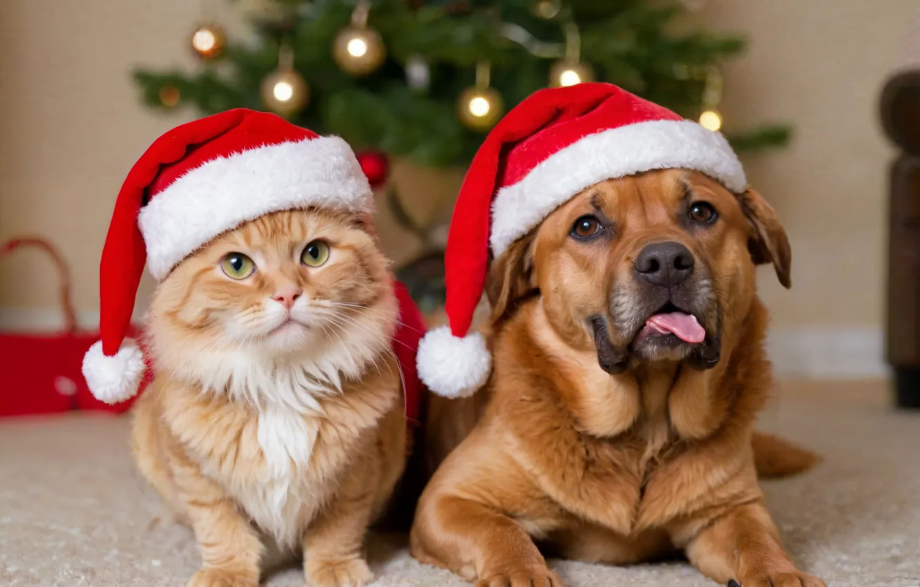 Photo wallpaper cat, cat, look, pose, each, new year, dog, Christmas