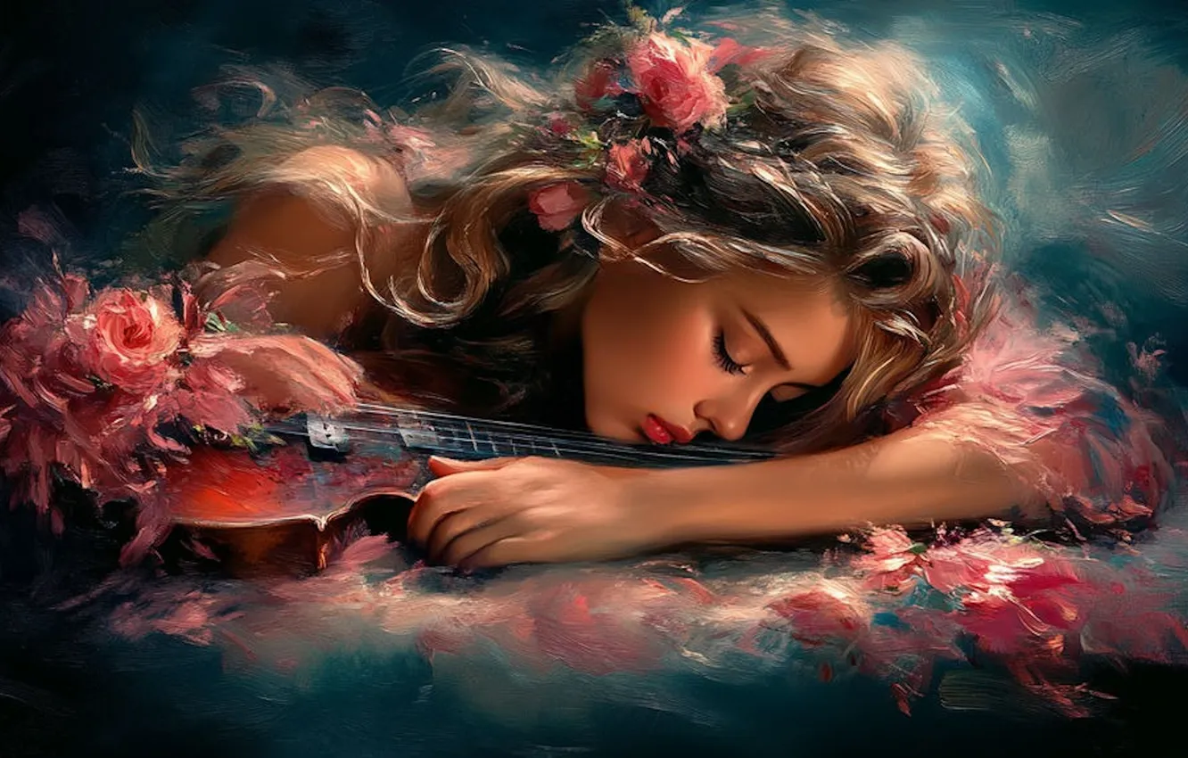 Photo wallpaper girl, flowers, music, violin, sad, from sadysadnessai