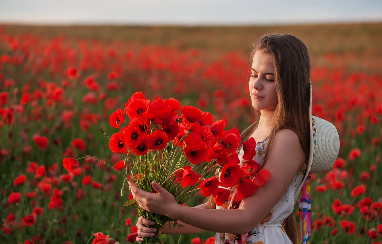 Photo wallpaper field, summer, look, girl, flowers, red, nature, Maki