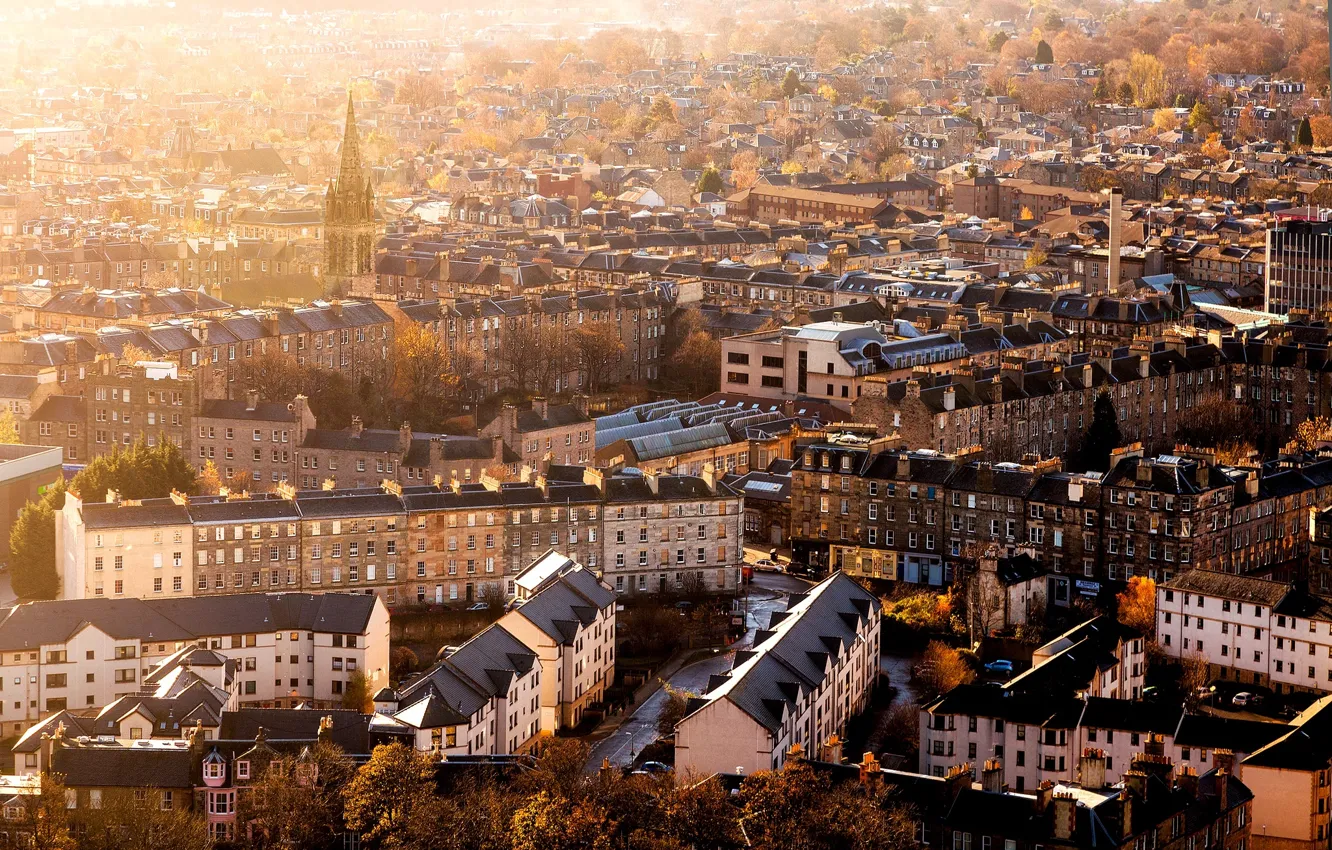 Photo wallpaper autumn, the city, building, home, morning, Scotland, panorama, Scotland