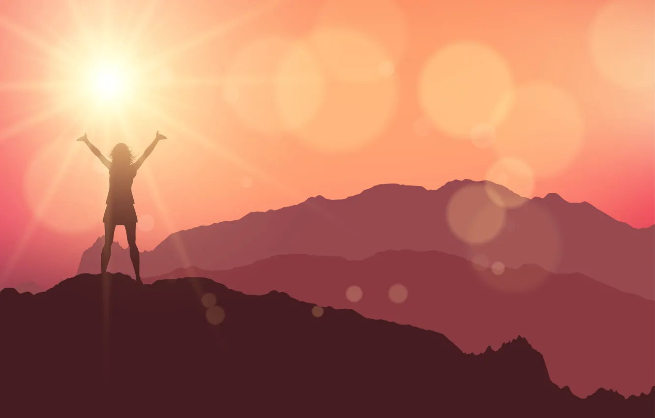 Photo wallpaper the sky, girl, the sun, joy, sunset, mountains, silhouette, back