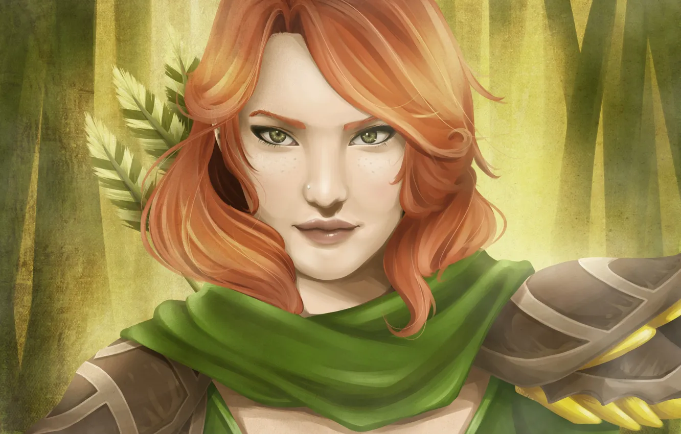 Photo wallpaper look, girl, face, Archer, art, red, dota 2, windrunner