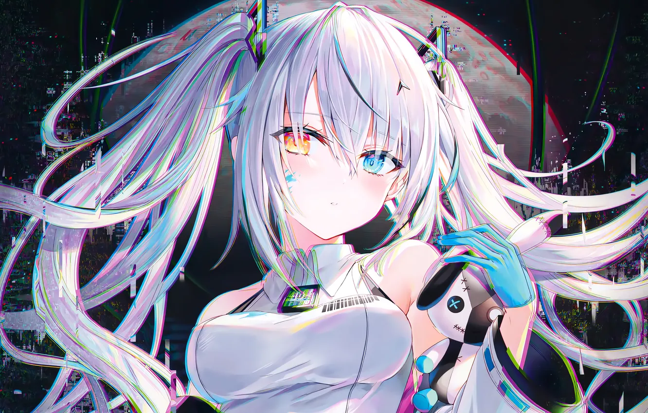 Photo wallpaper girl, moon, Hatsune Miku, Vocaloid, long hair, boobs, anime, night
