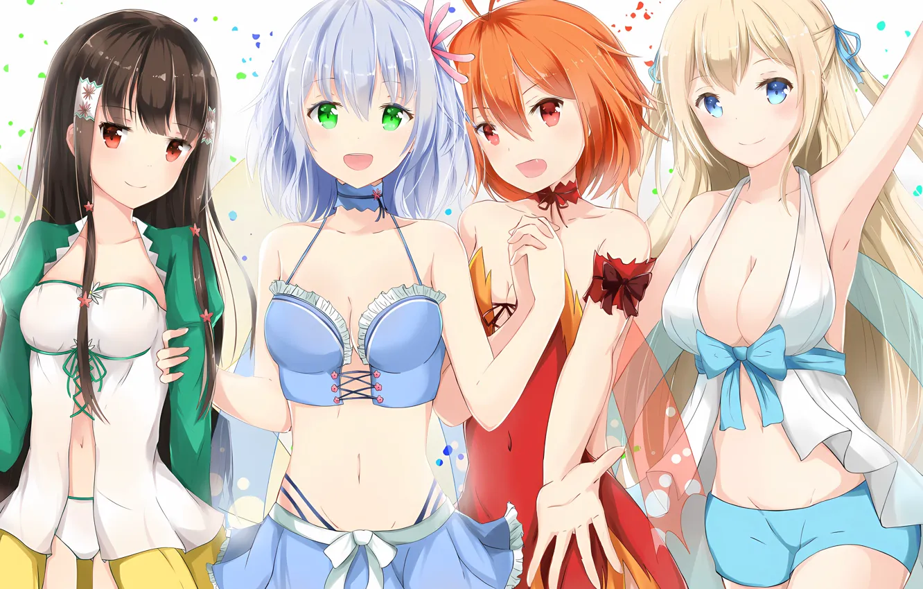 Photo wallpaper sexy, cleavage, shorts, blouse, green eyes, long hair, dress, girls