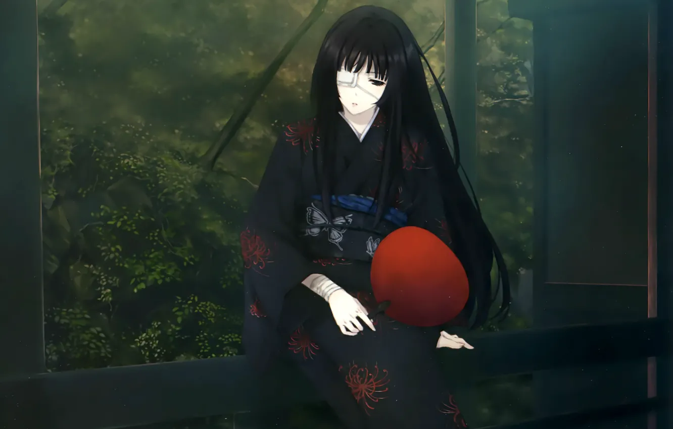 Photo wallpaper foliage, fan, headband, kimono, veranda, art, Yomiko, Innocent Grey