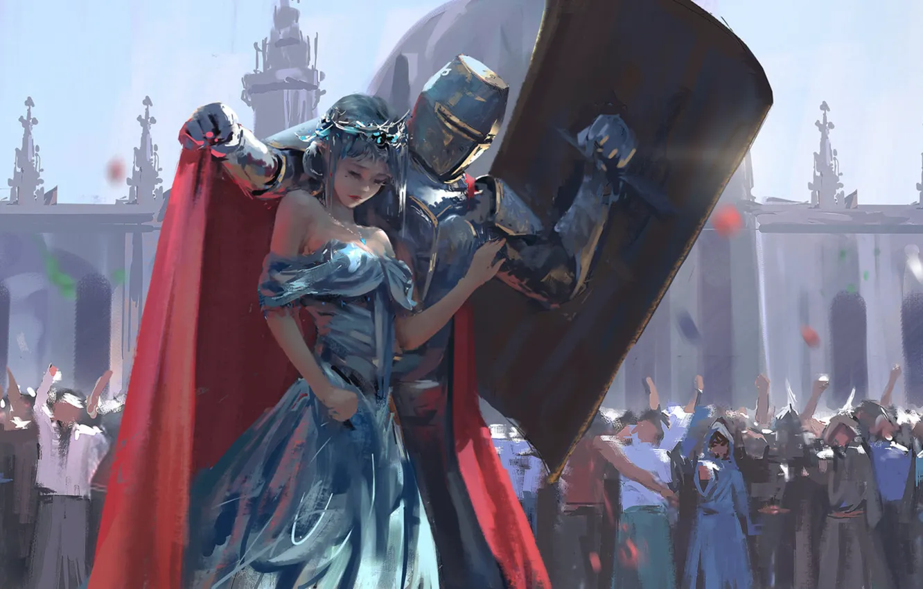 Photo wallpaper girl, elf, the crowd, armor, crown, art, shield, knight