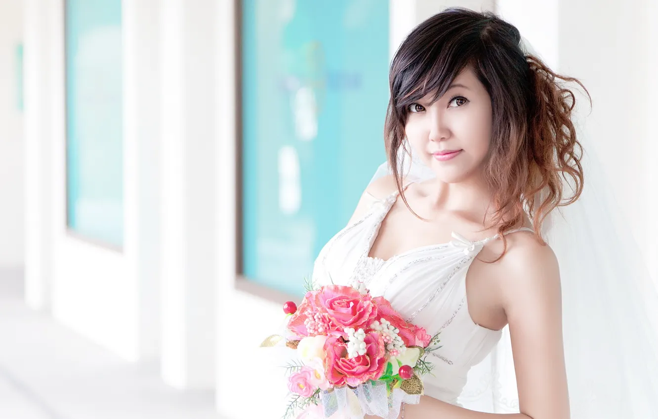 Photo wallpaper look, girl, flowers