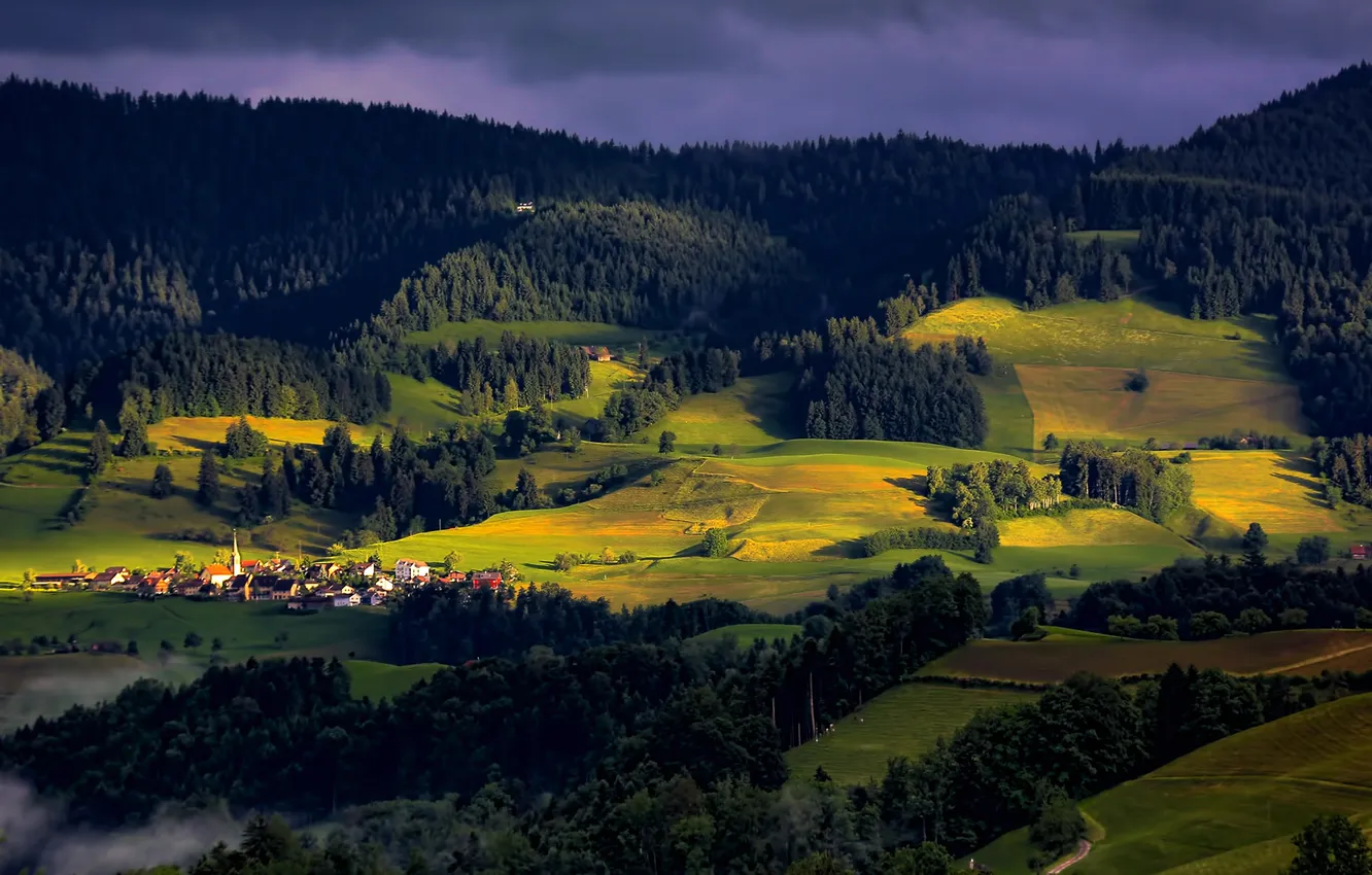 Photo wallpaper the sky, light, trees, mountains, clouds, home, the village