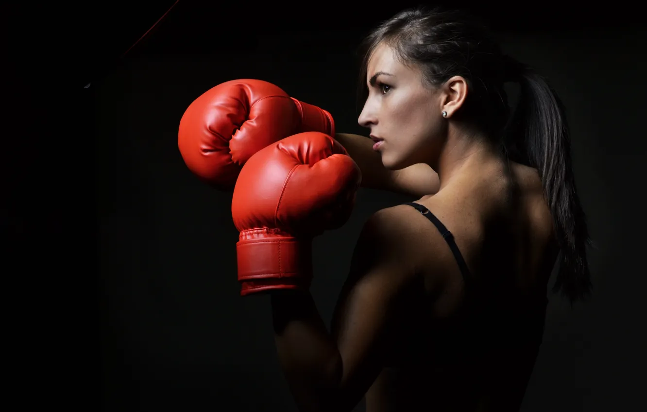 Photo wallpaper red, boxing gloves, Boxing woman defensive pose