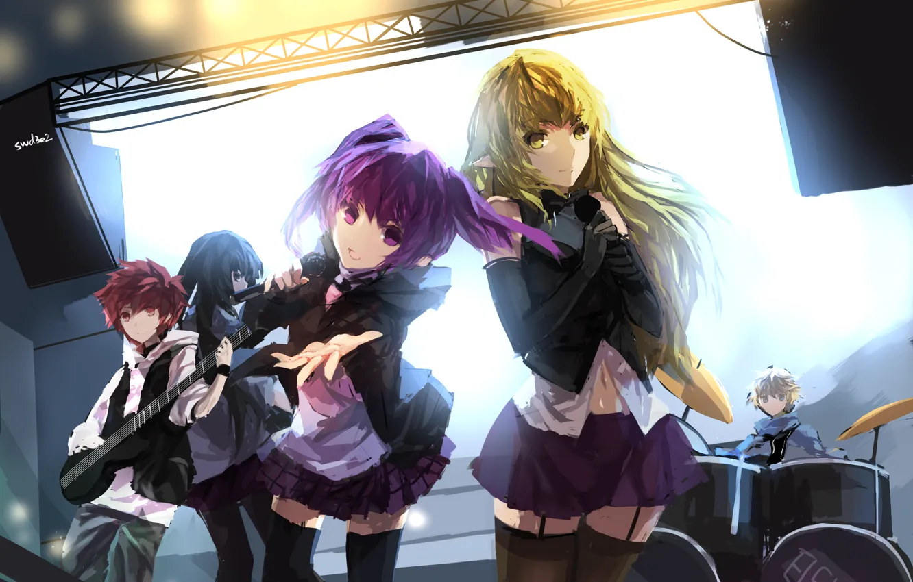 Photo wallpaper girl, guitar, microphone, guy, drum