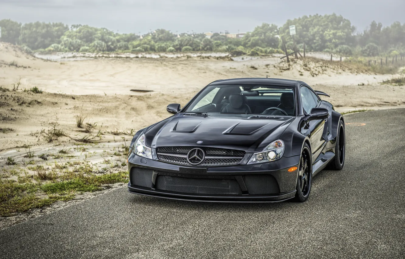 Photo wallpaper road, black, tuning, car, body, Mercedes-Benz SL, sports, easy