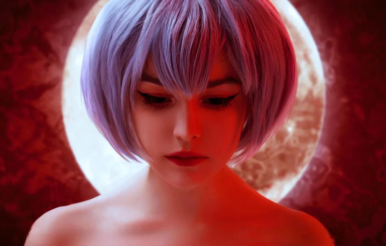 Photo wallpaper girl, face, the moon, image, shoulders, blue hair, cosplay, Evangelion