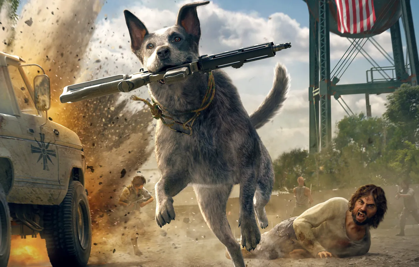 Photo wallpaper the explosion, dog, 2018, Ubisoft Montreal, Far Cry 5