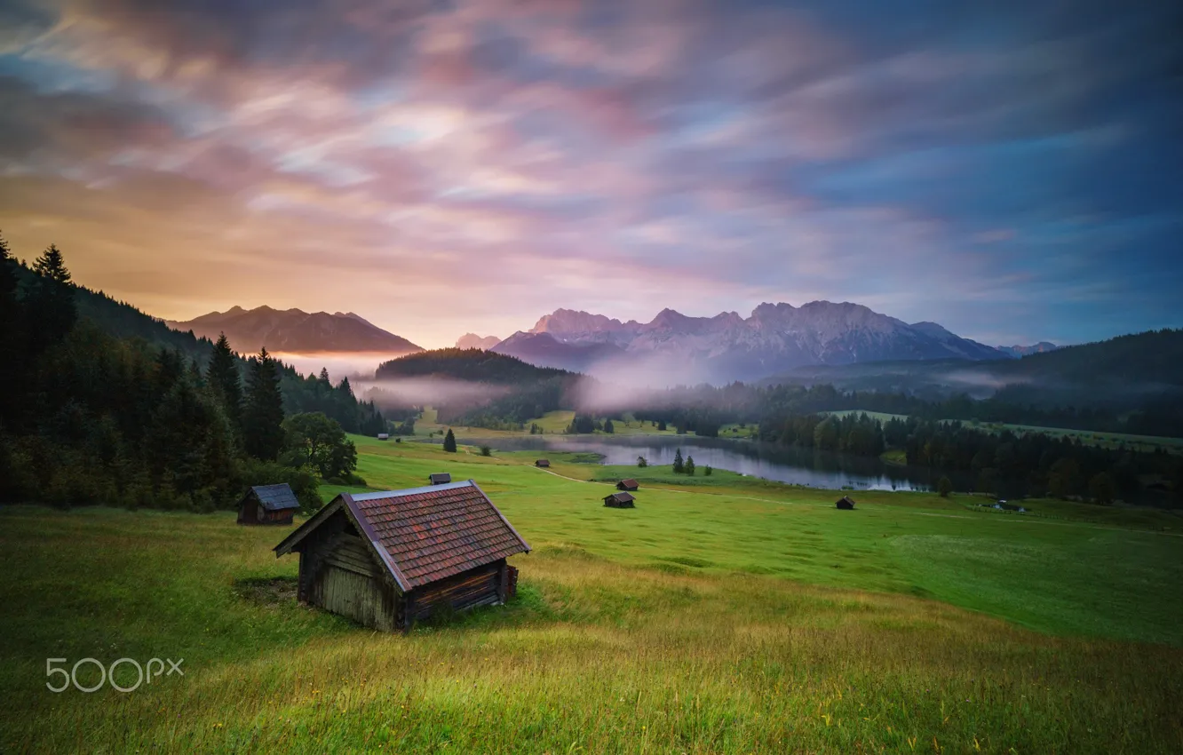 Photo wallpaper forest, the sky, mountains, fog, meadow, house